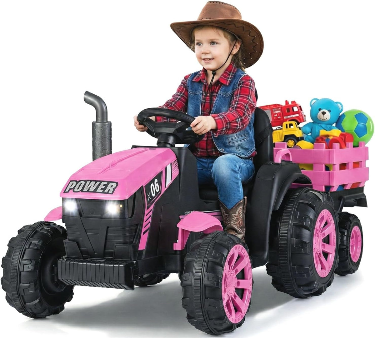 OLAKIDS 24V 9AH Ride on Tractor with Detachable Trailer, 2 x 550W Motors, Remote Control for Toddler