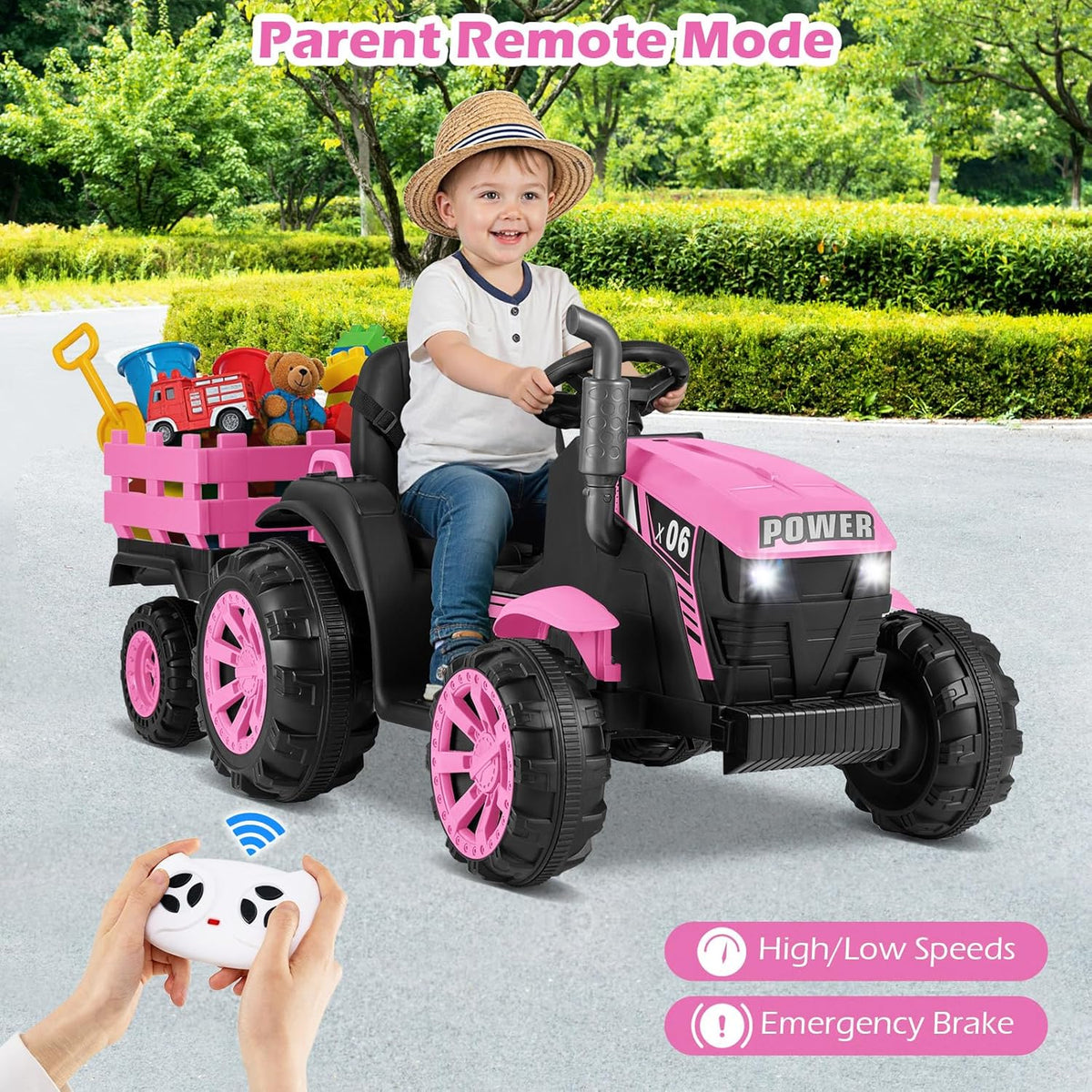 OLAKIDS 24V 9AH Ride on Tractor with Detachable Trailer, 2 x 550W Motors, Remote Control for Toddler