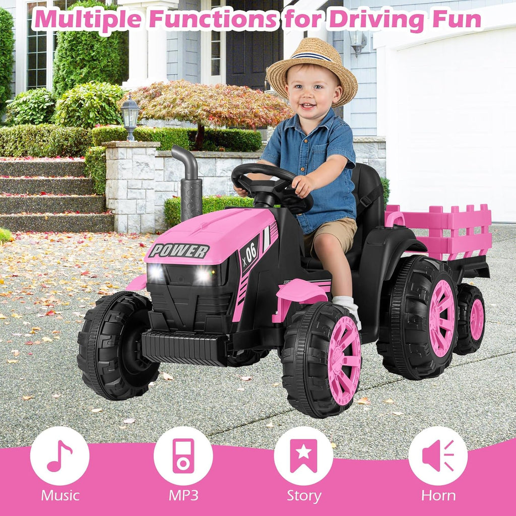 OLAKIDS 24V 9AH Ride on Tractor with Detachable Trailer, 2 x 550W Motors, Remote Control for Toddler