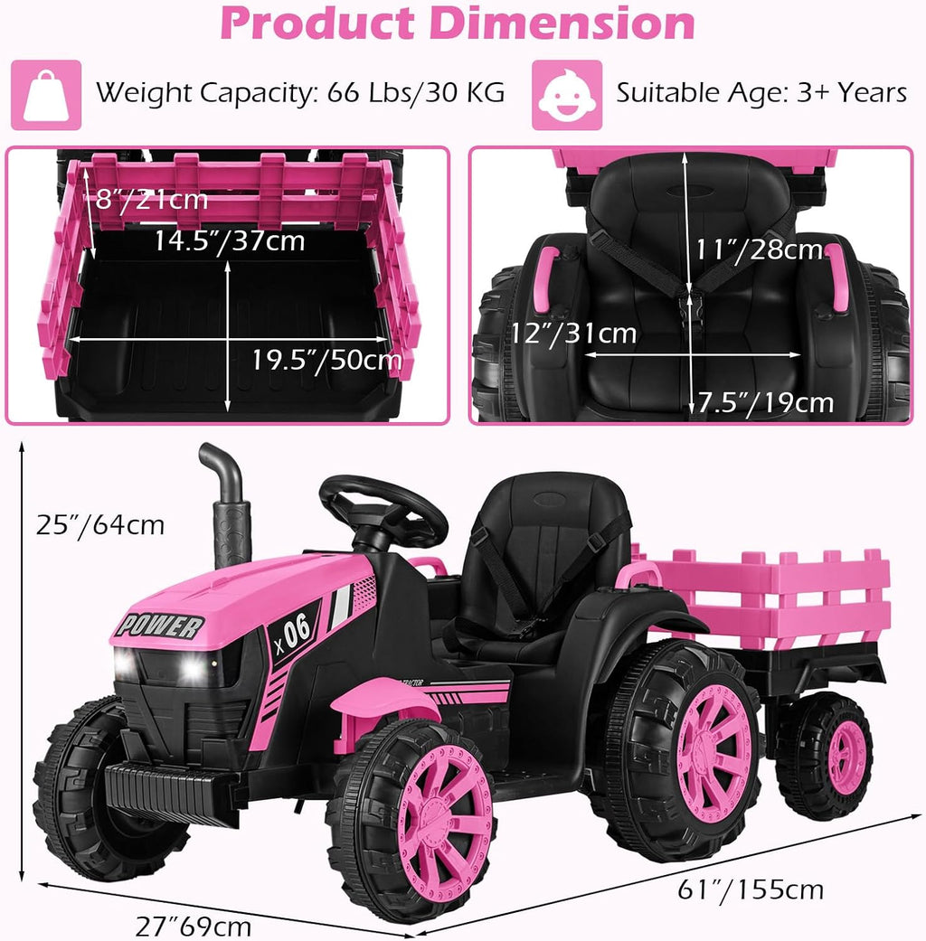 OLAKIDS 24V 9AH Ride on Tractor with Detachable Trailer, 2 x 550W Motors, Remote Control for Toddler