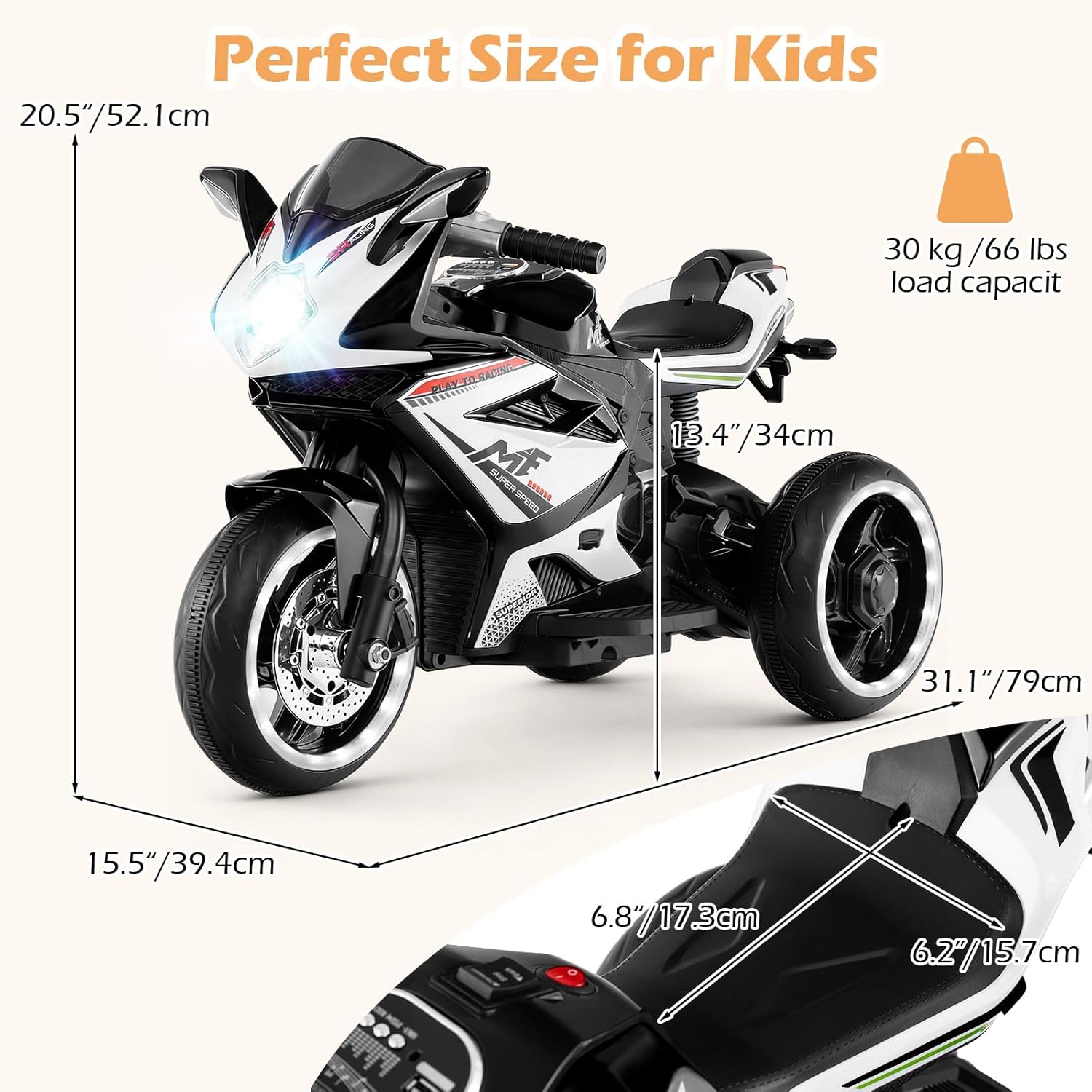 OLAKIDS 6V 3-Wheel Kids Motorcycle with Lights & Music for Toddlers 3+