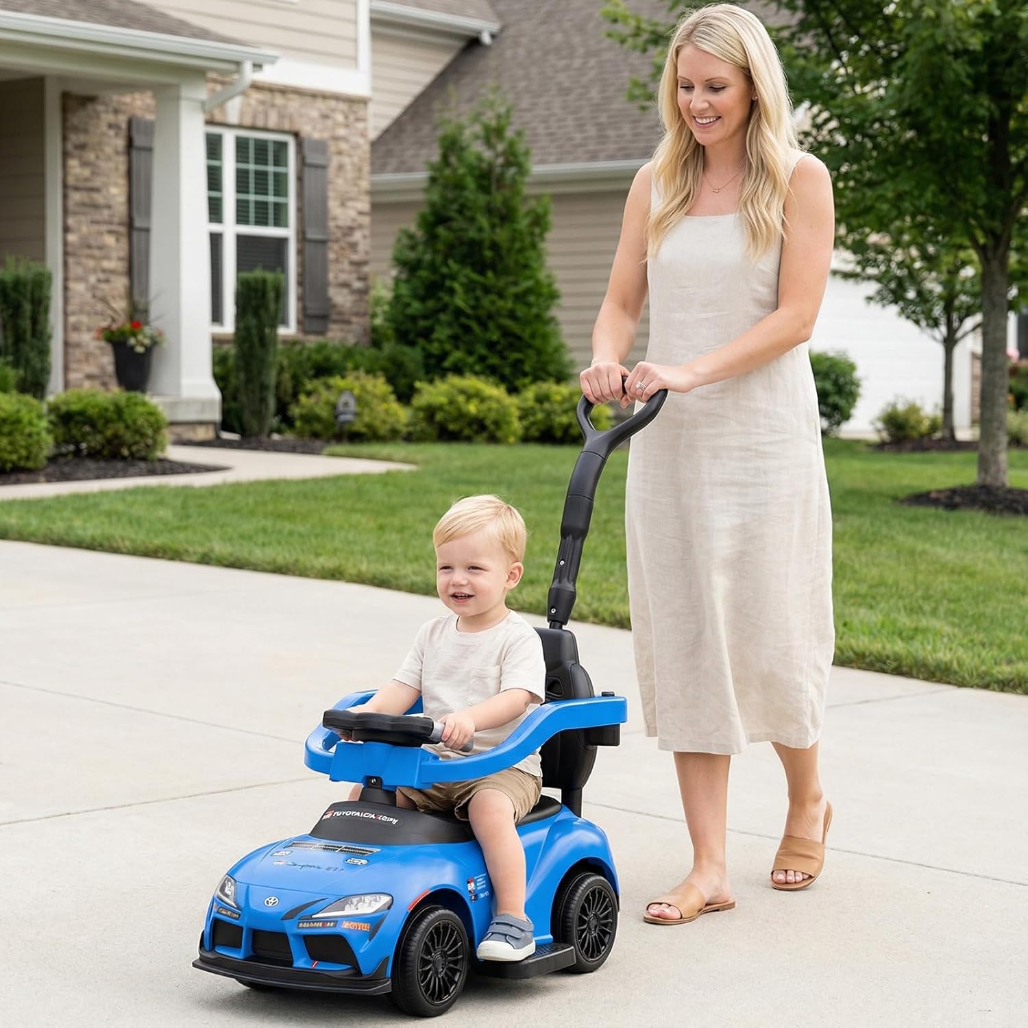 OLAKIDS Licensed Toyota 3 in 1 Toddler Ride On Push Car with Parent Handle, Guardrails and Storage