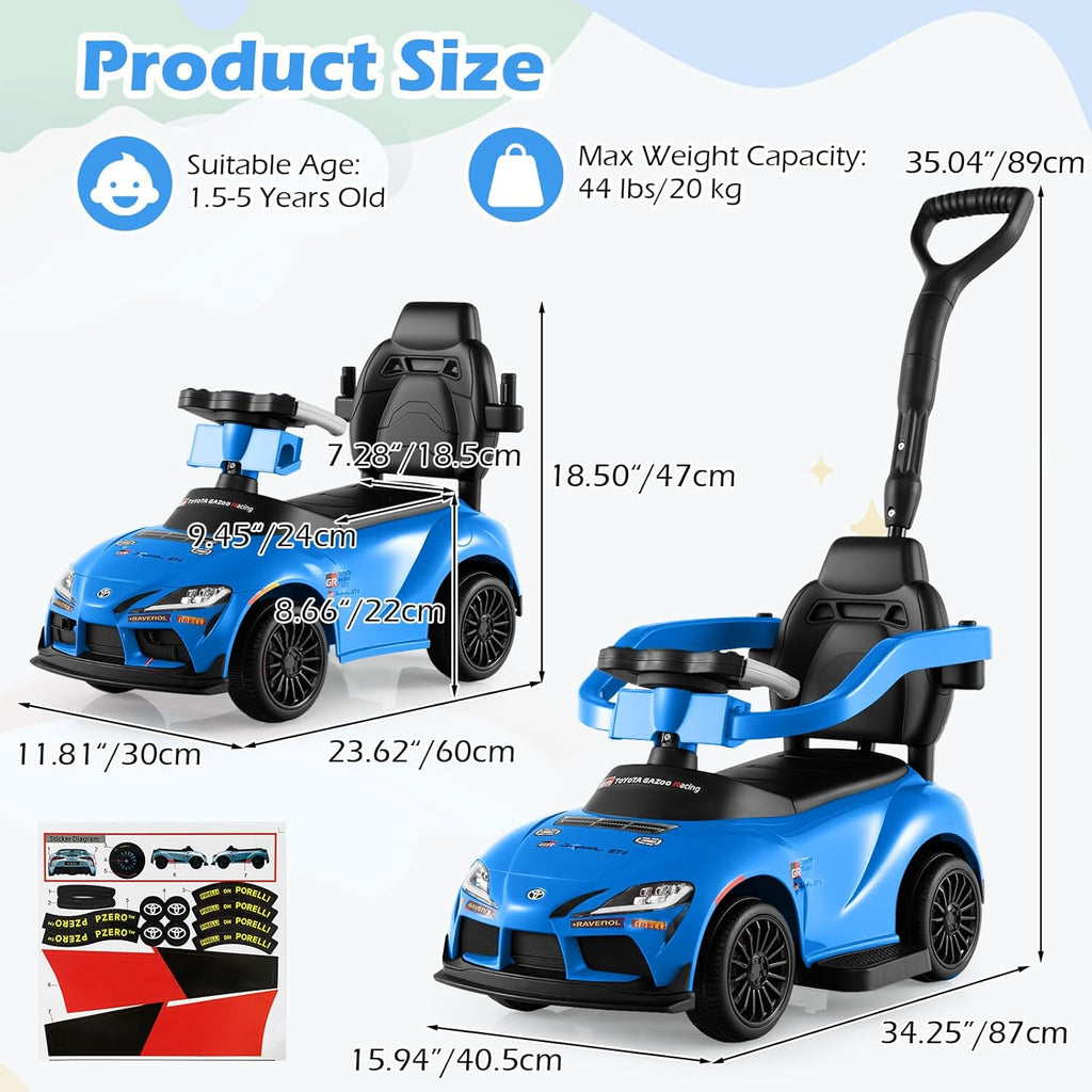 OLAKIDS Licensed Toyota 3 in 1 Toddler Ride On Push Car with Parent Handle, Guardrails and Storage