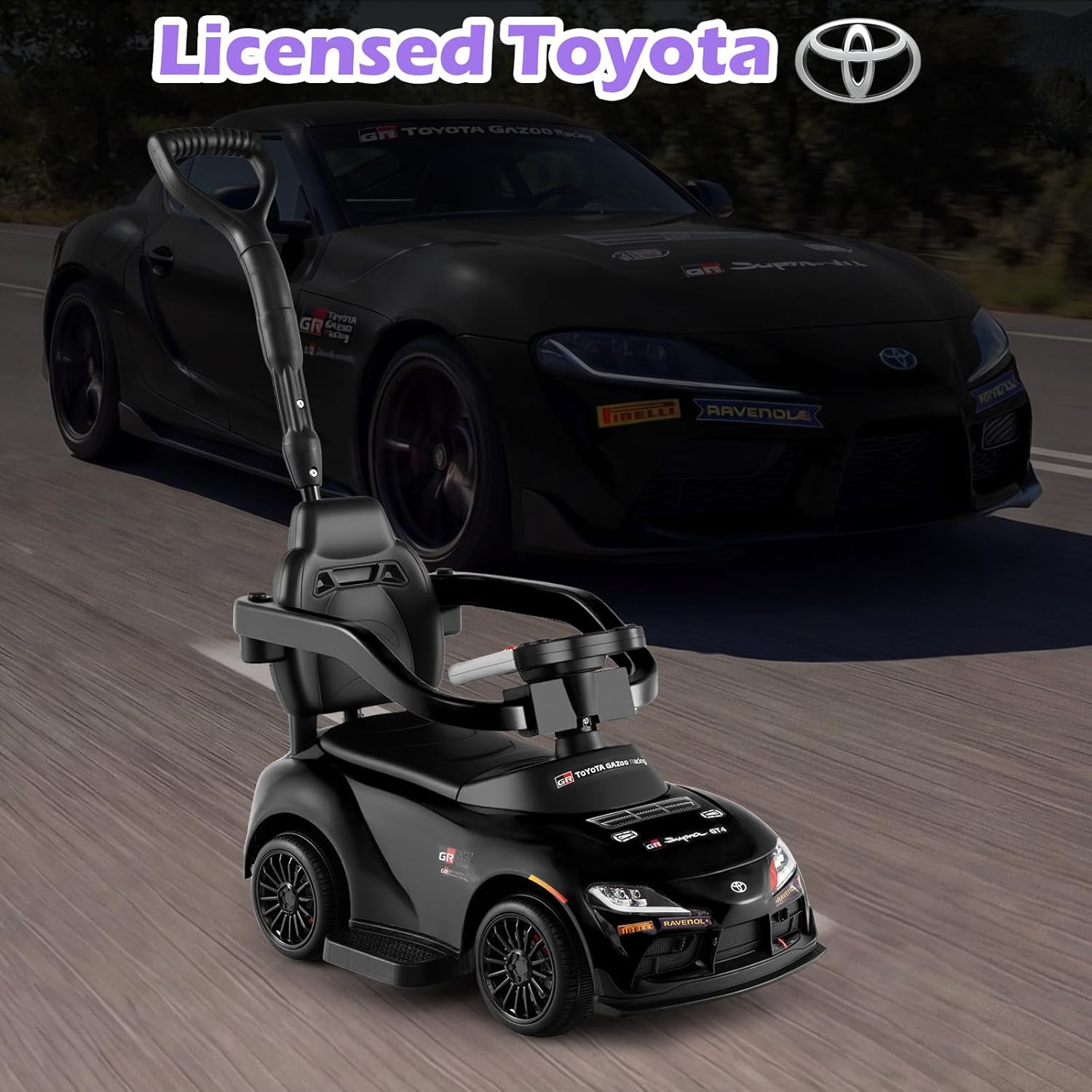 OLAKIDS Licensed Toyota 3 in 1 Toddler Ride On Push Car with Parent Handle, Guardrails and Storage