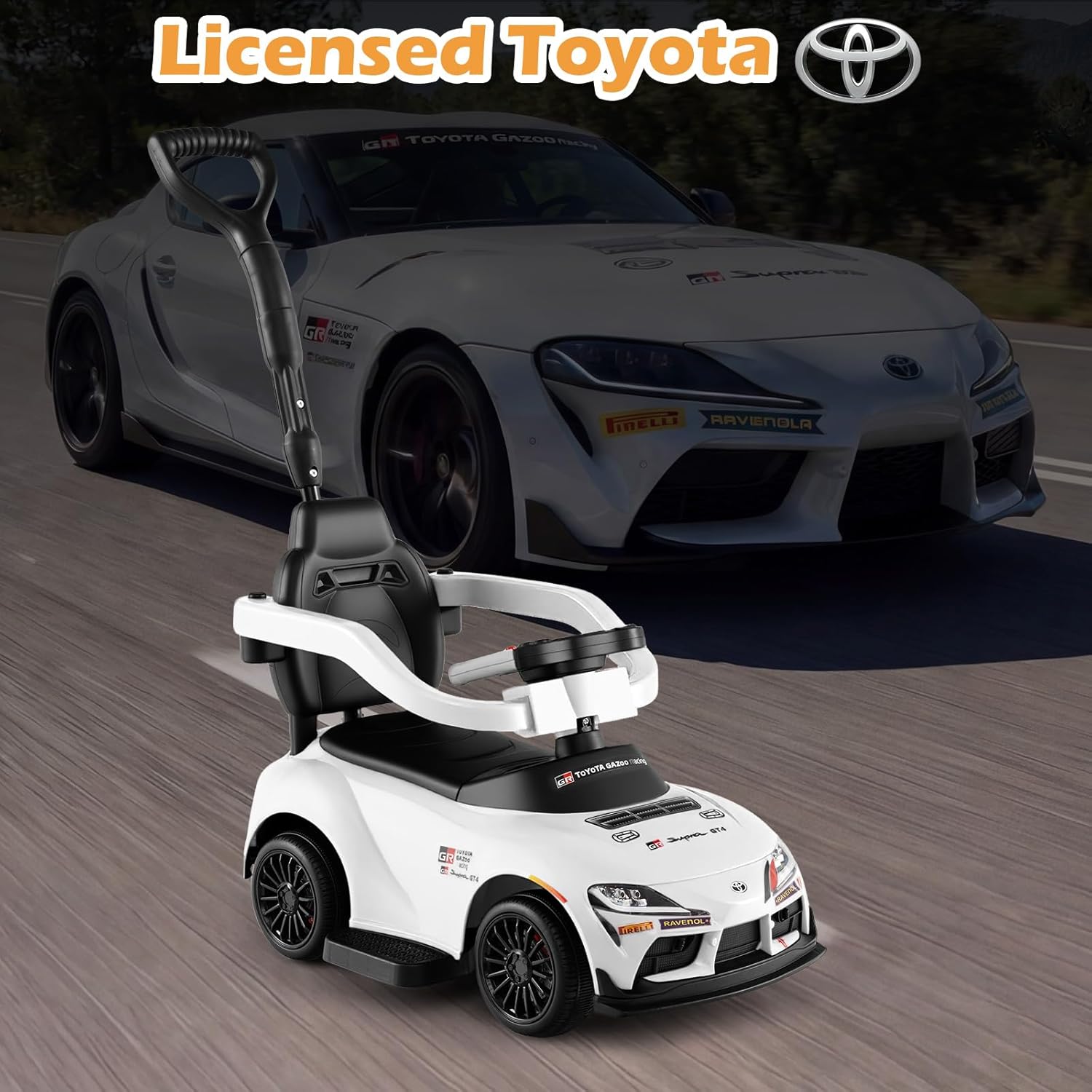 OLAKIDS Licensed Toyota 3 in 1 Toddler Ride On Push Car with Parent Handle, Guardrails and Storage