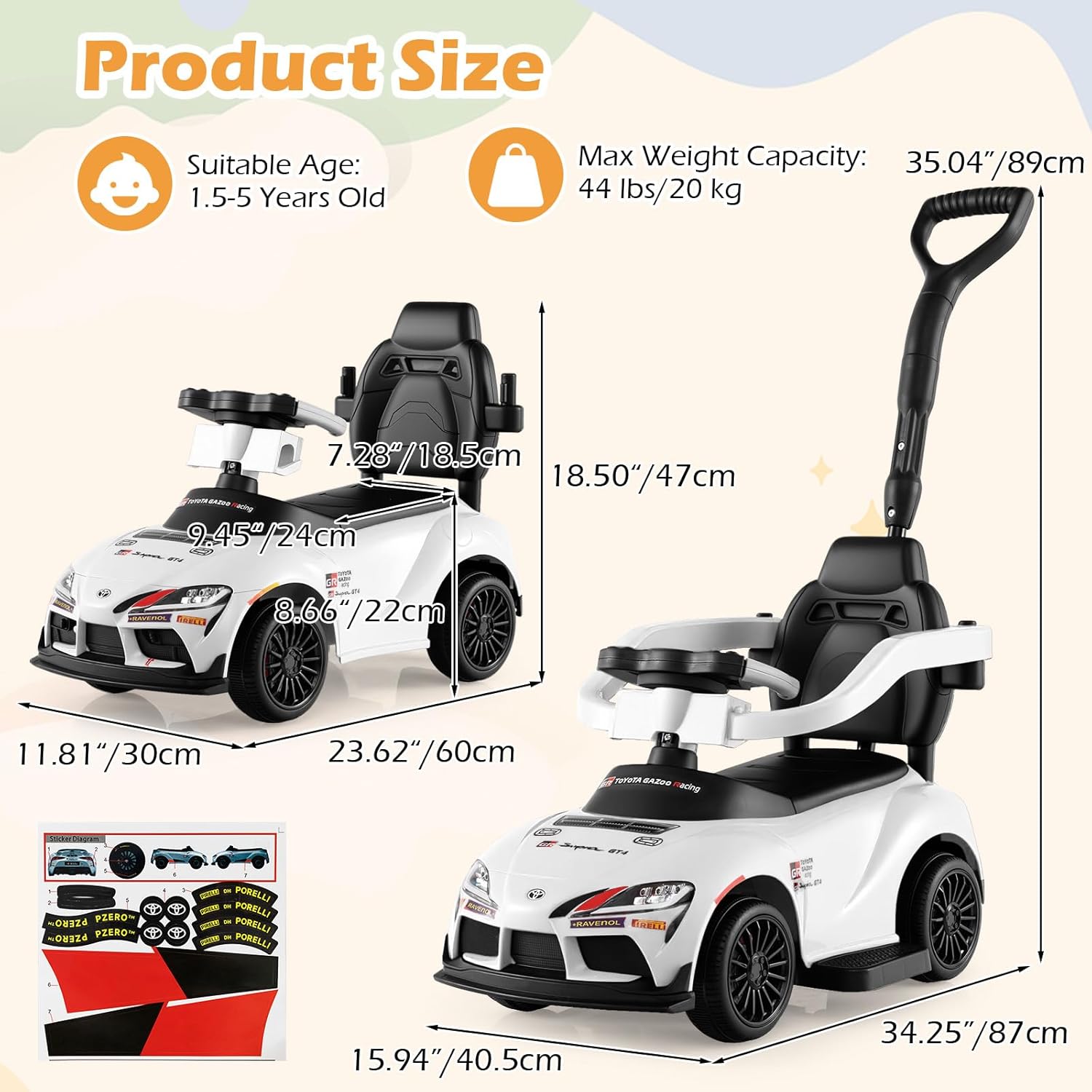 OLAKIDS Licensed Toyota 3 in 1 Toddler Ride On Push Car with Parent Handle, Guardrails and Storage