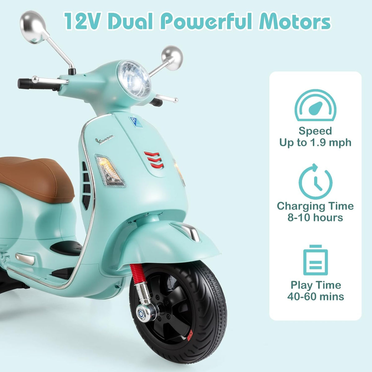 OLAKIDS Licensed 12V Vespa Scooter Kids Motorcycle with Training Wheels