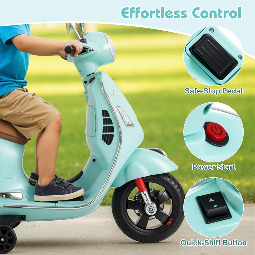 OLAKIDS Licensed 12V Vespa Scooter Kids Motorcycle with Training Wheels