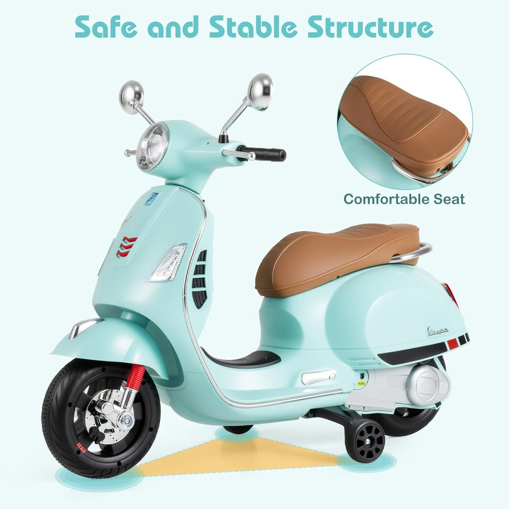 OLAKIDS Licensed 12V Vespa Scooter Kids Motorcycle with Training Wheels