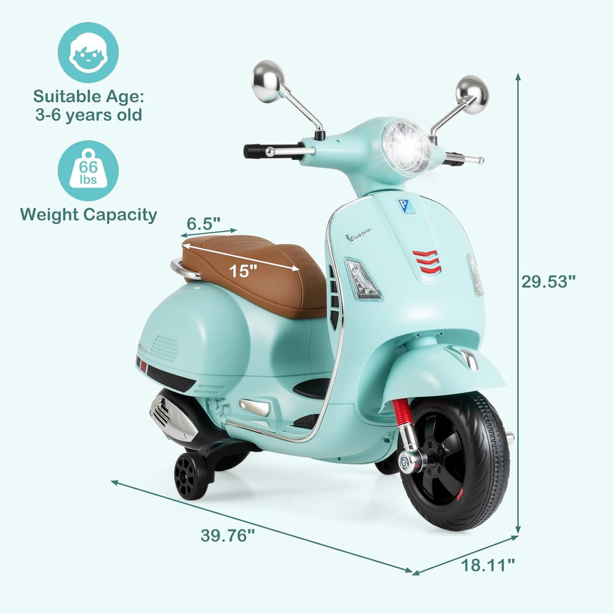 OLAKIDS Licensed 12V Vespa Scooter Kids Motorcycle with Training Wheels