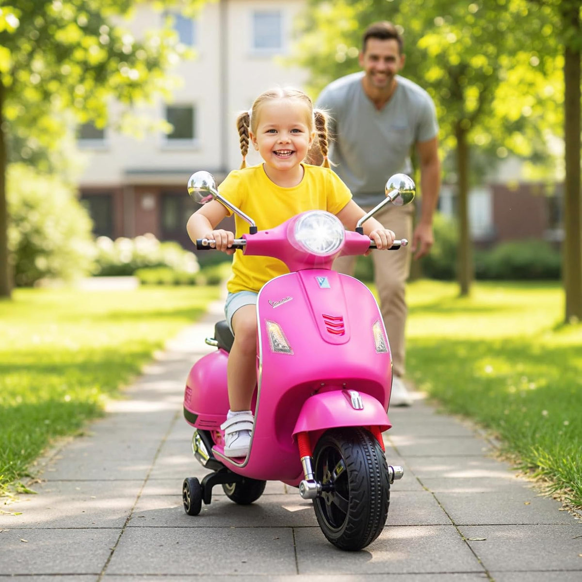 OLAKIDS Licensed 12V Vespa Scooter Kids Motorcycle with Training Wheels