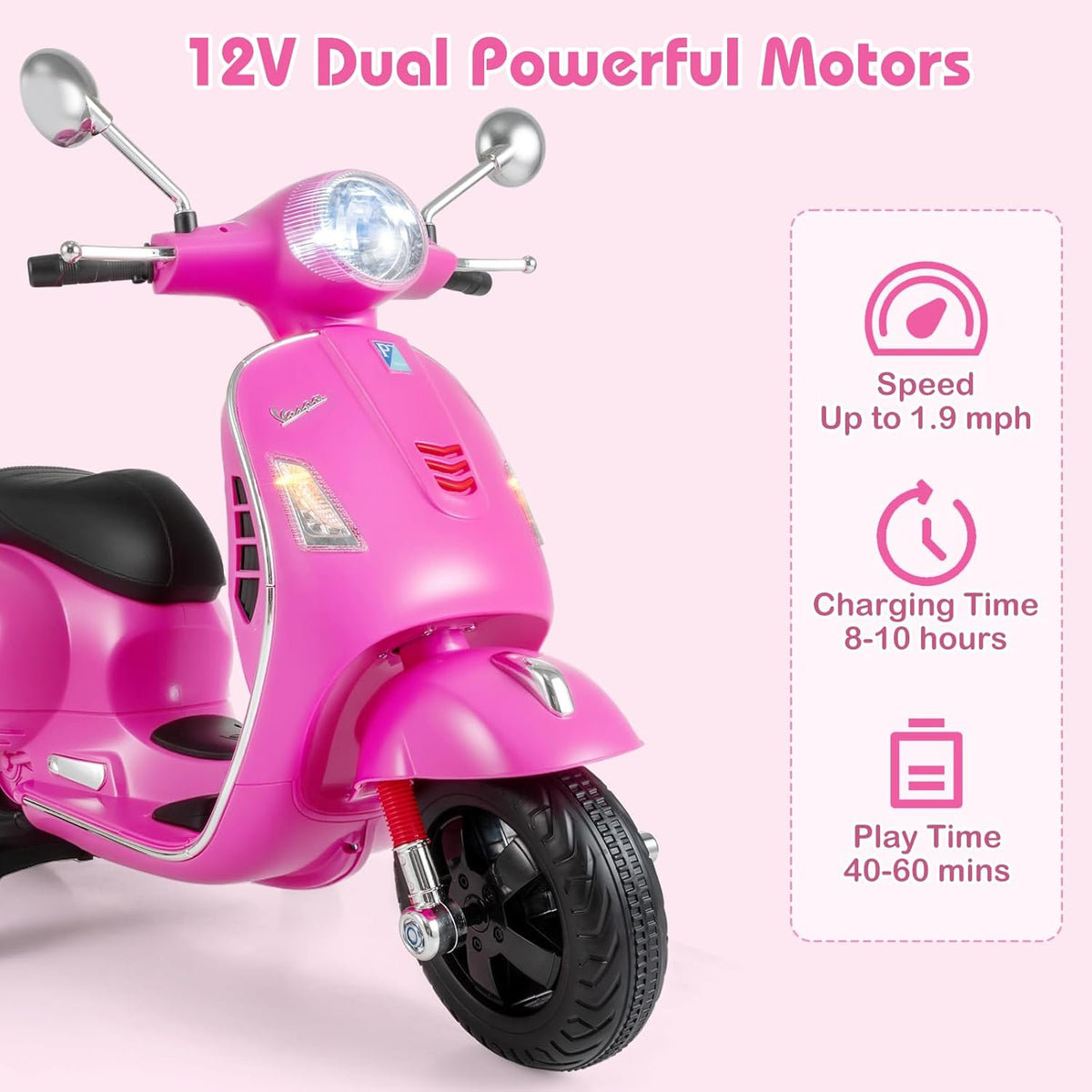 OLAKIDS Licensed 12V Vespa Scooter Kids Motorcycle with Training Wheels
