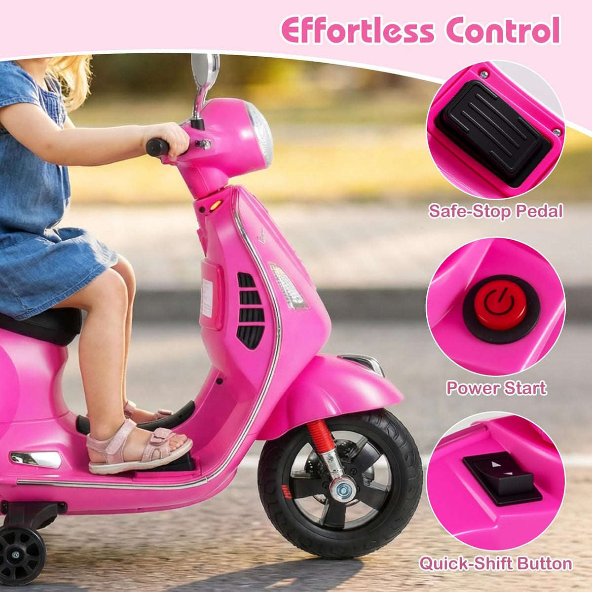 OLAKIDS Licensed 12V Vespa Scooter Kids Motorcycle with Training Wheels