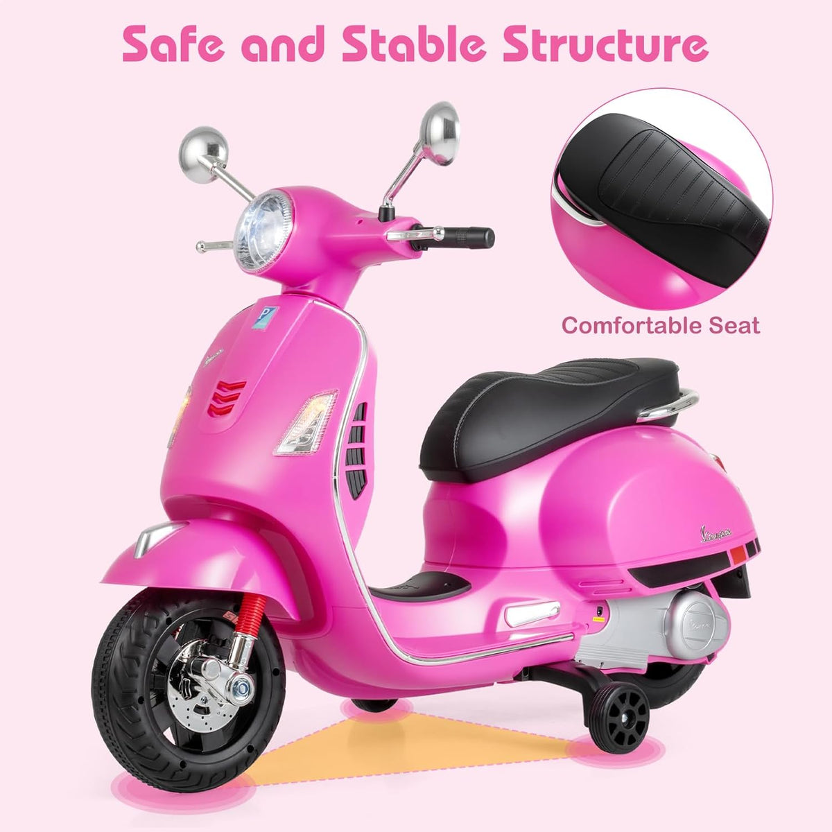 OLAKIDS Licensed 12V Vespa Scooter Kids Motorcycle with Training Wheels