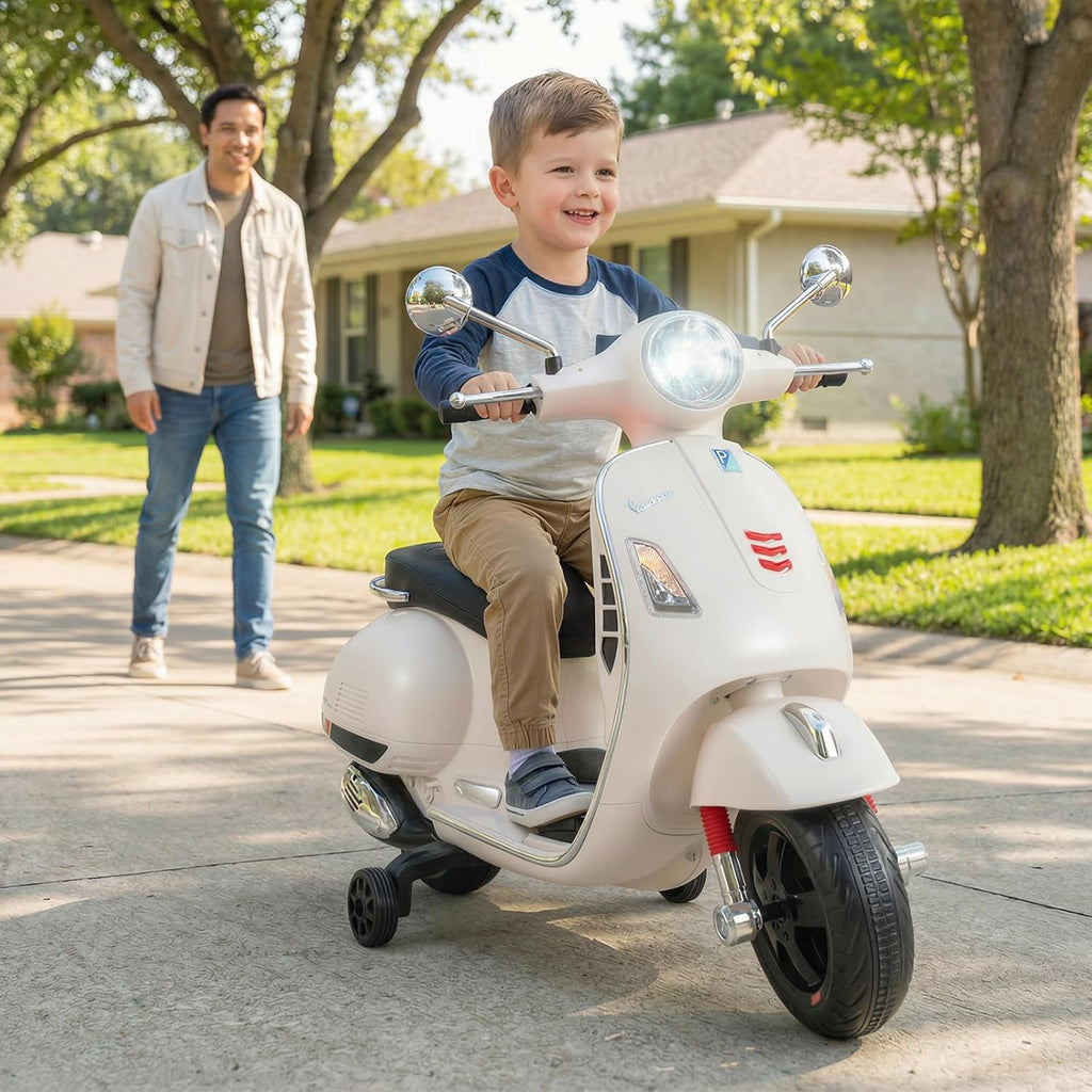 OLAKIDS Licensed 12V Vespa Scooter Kids Motorcycle with Training Wheels