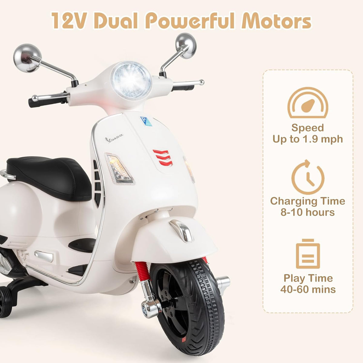 OLAKIDS Licensed 12V Vespa Scooter Kids Motorcycle with Training Wheels