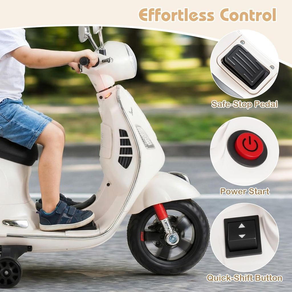 OLAKIDS Licensed 12V Vespa Scooter Kids Motorcycle with Training Wheels