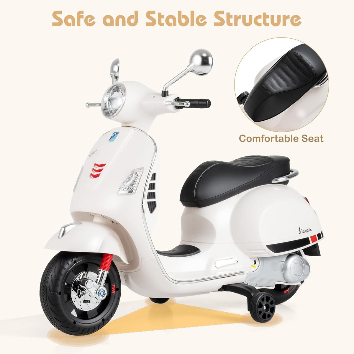 OLAKIDS Licensed 12V Vespa Scooter Kids Motorcycle with Training Wheels