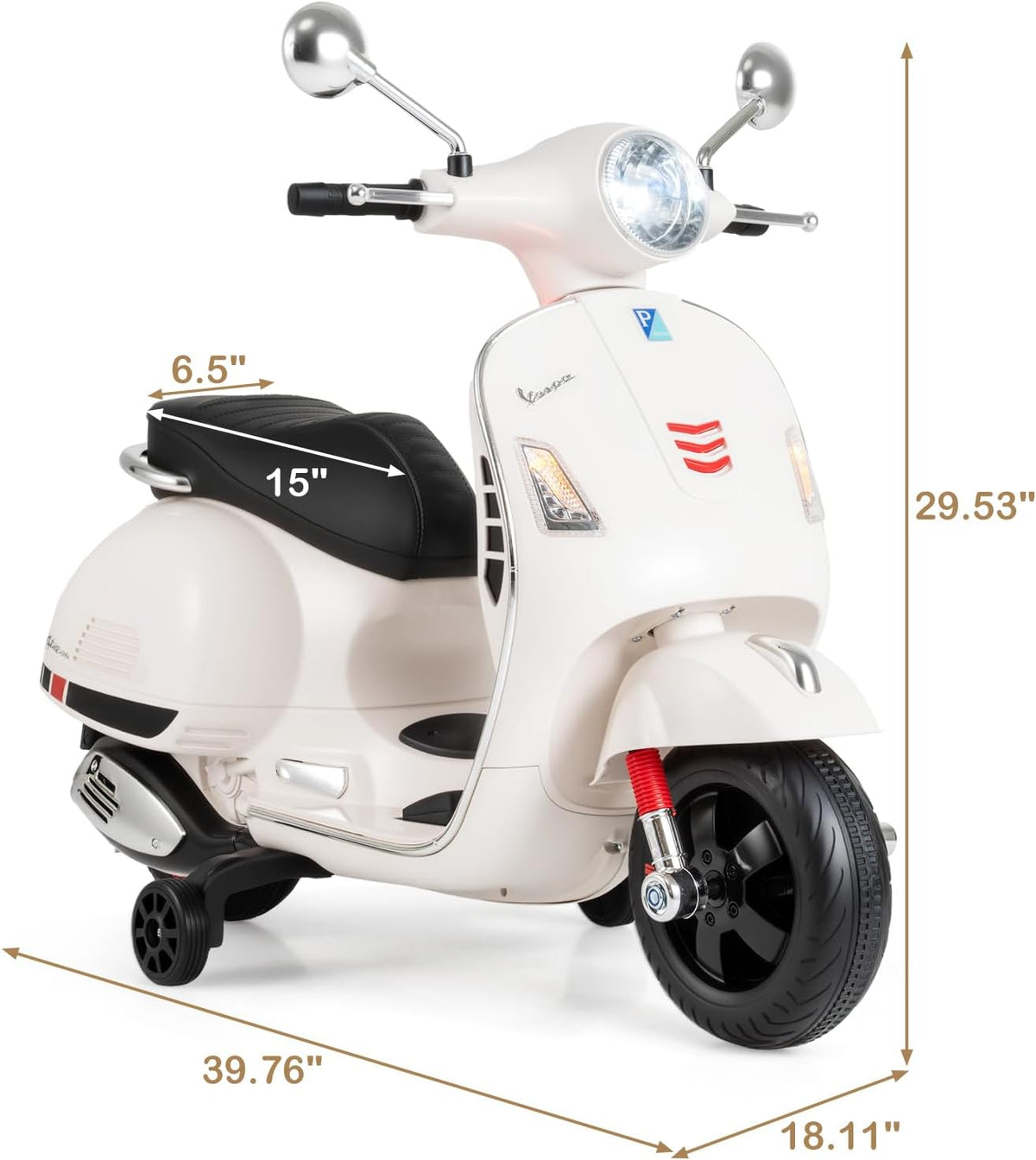 OLAKIDS Licensed 12V Vespa Scooter Kids Motorcycle with Training Wheels
