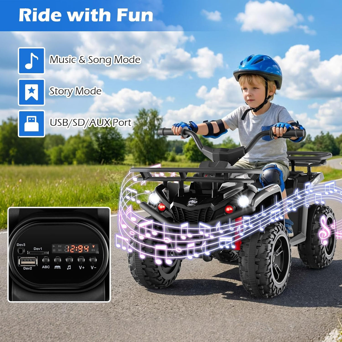 OLAKIDS 12V Kids ATV Quad with 2 Speeds, Spring Suspension, LED Lights for Boys Girls Ages 3+