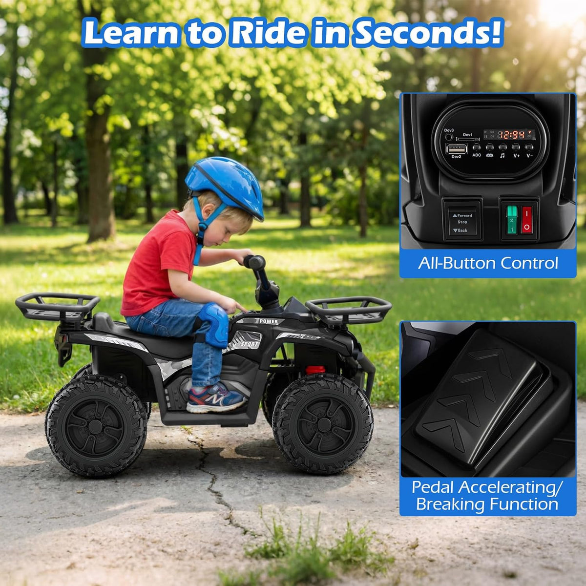 OLAKIDS 12V Kids ATV Quad with 2 Speeds, Spring Suspension, LED Lights for Boys Girls Ages 3+