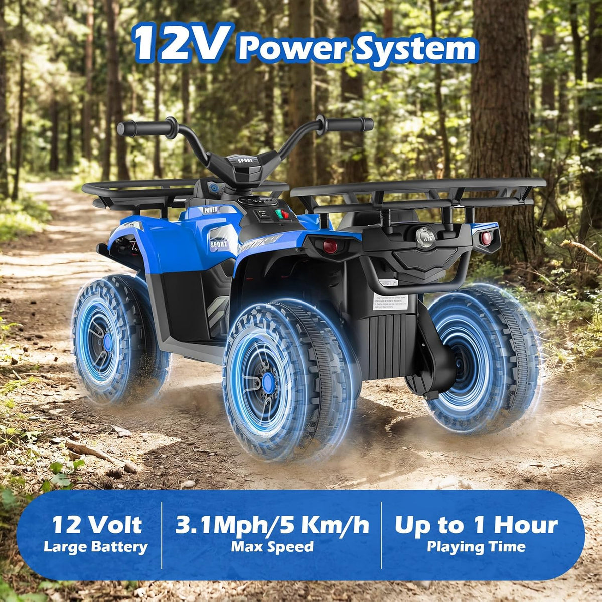 OLAKIDS 12V Kids ATV Quad with 2 Speeds, Spring Suspension, LED Lights for Boys Girls Ages 3+