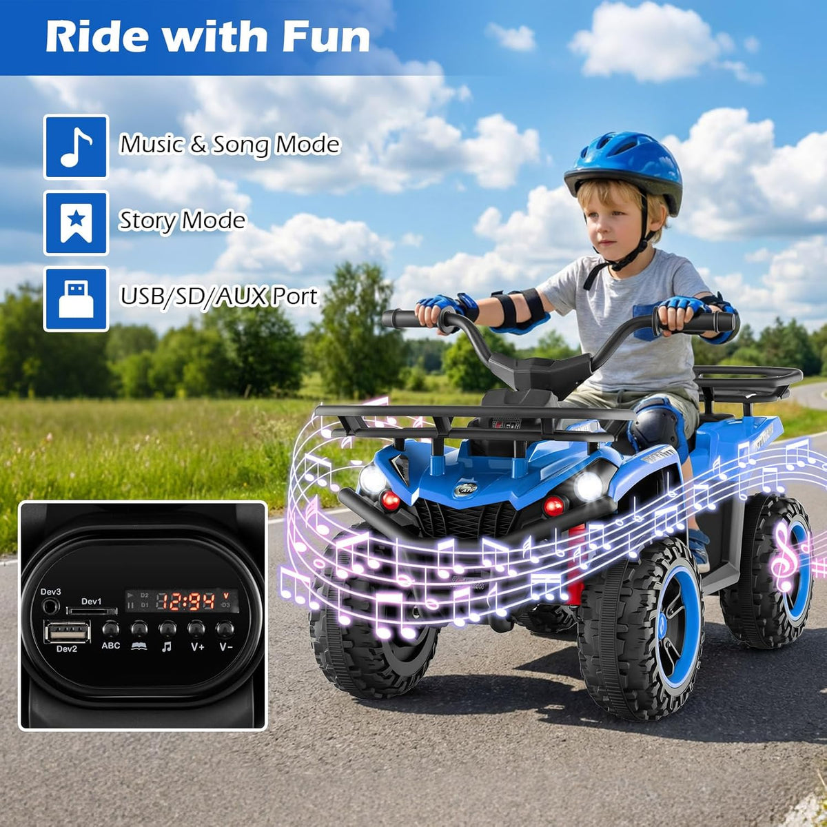 OLAKIDS 12V Kids ATV Quad with 2 Speeds, Spring Suspension, LED Lights for Boys Girls Ages 3+