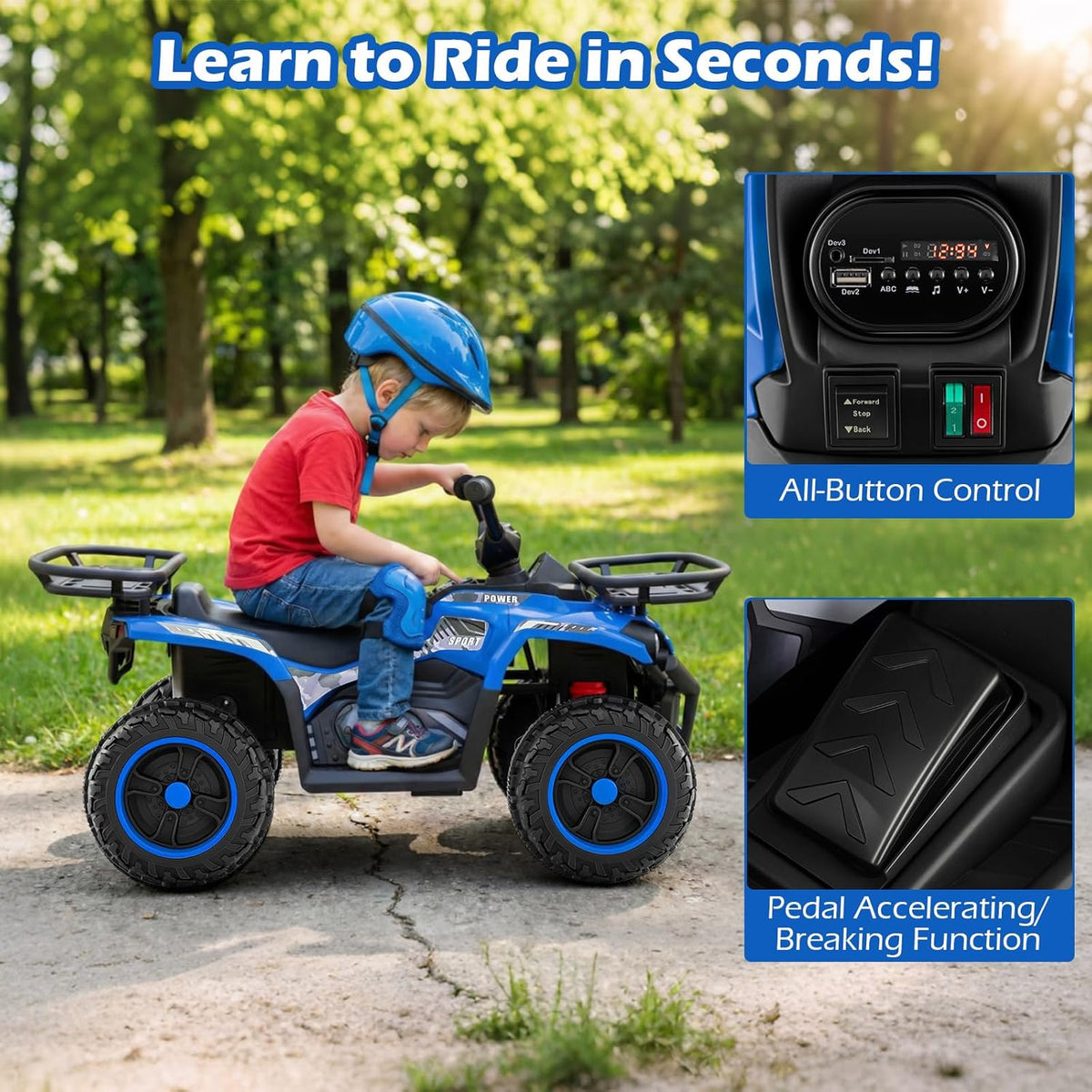 OLAKIDS 12V Kids ATV Quad with 2 Speeds, Spring Suspension, LED Lights for Boys Girls Ages 3+