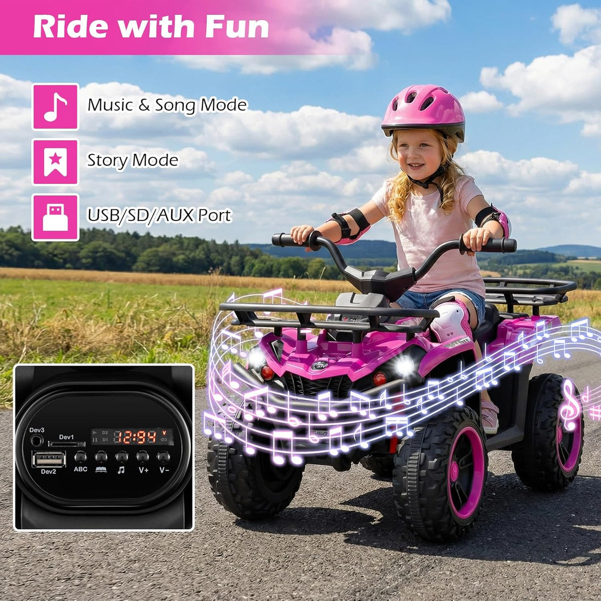 OLAKIDS 12V Kids ATV Quad with 2 Speeds, Spring Suspension, LED Lights for Boys Girls Ages 3+