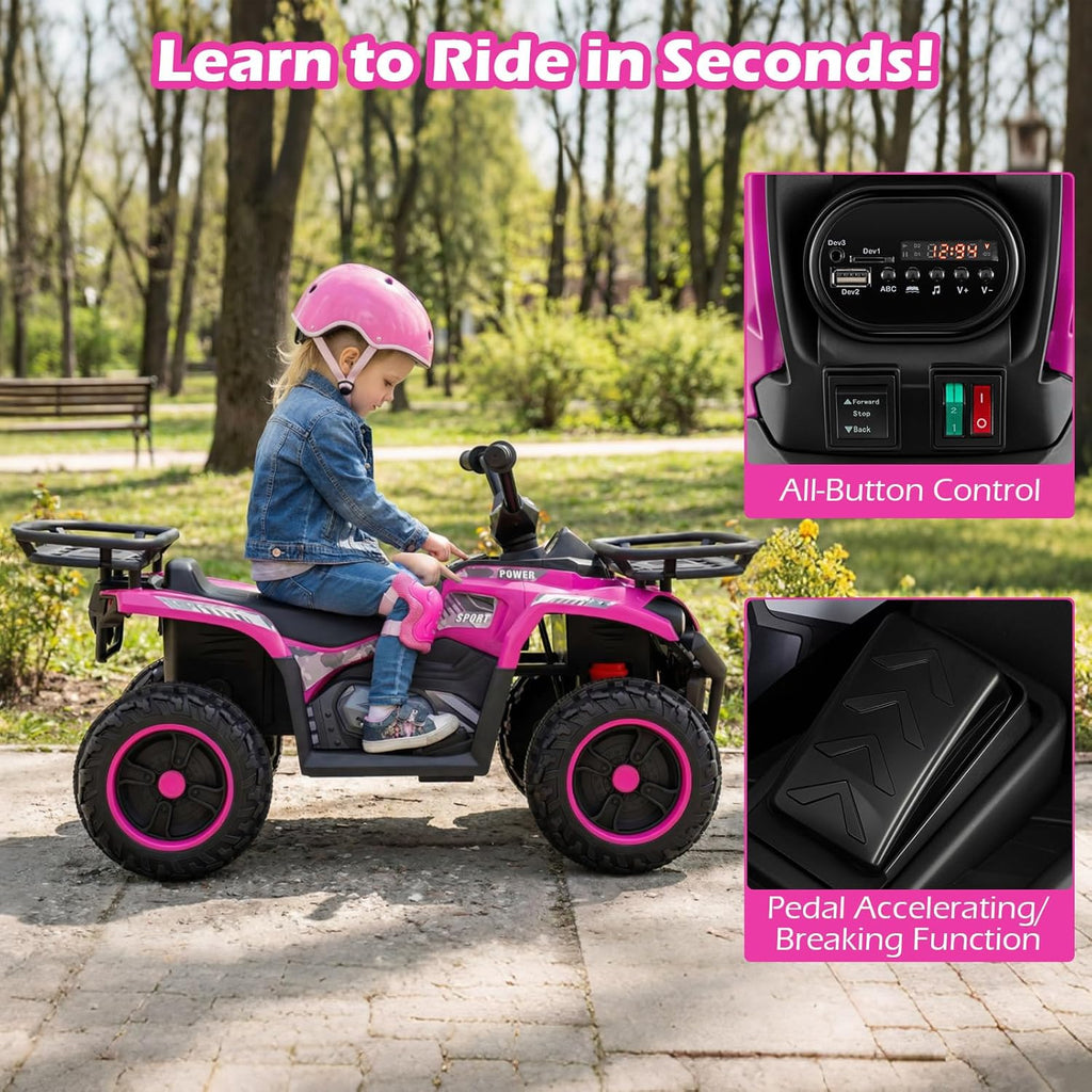 OLAKIDS 12V Kids ATV Quad with 2 Speeds, Spring Suspension, LED Lights for Boys Girls Ages 3+