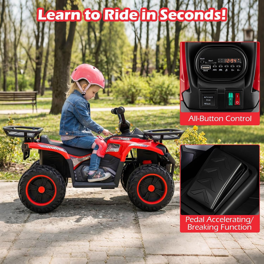 OLAKIDS 12V Kids ATV Quad with 2 Speeds, Spring Suspension, LED Lights for Boys Girls Ages 3+