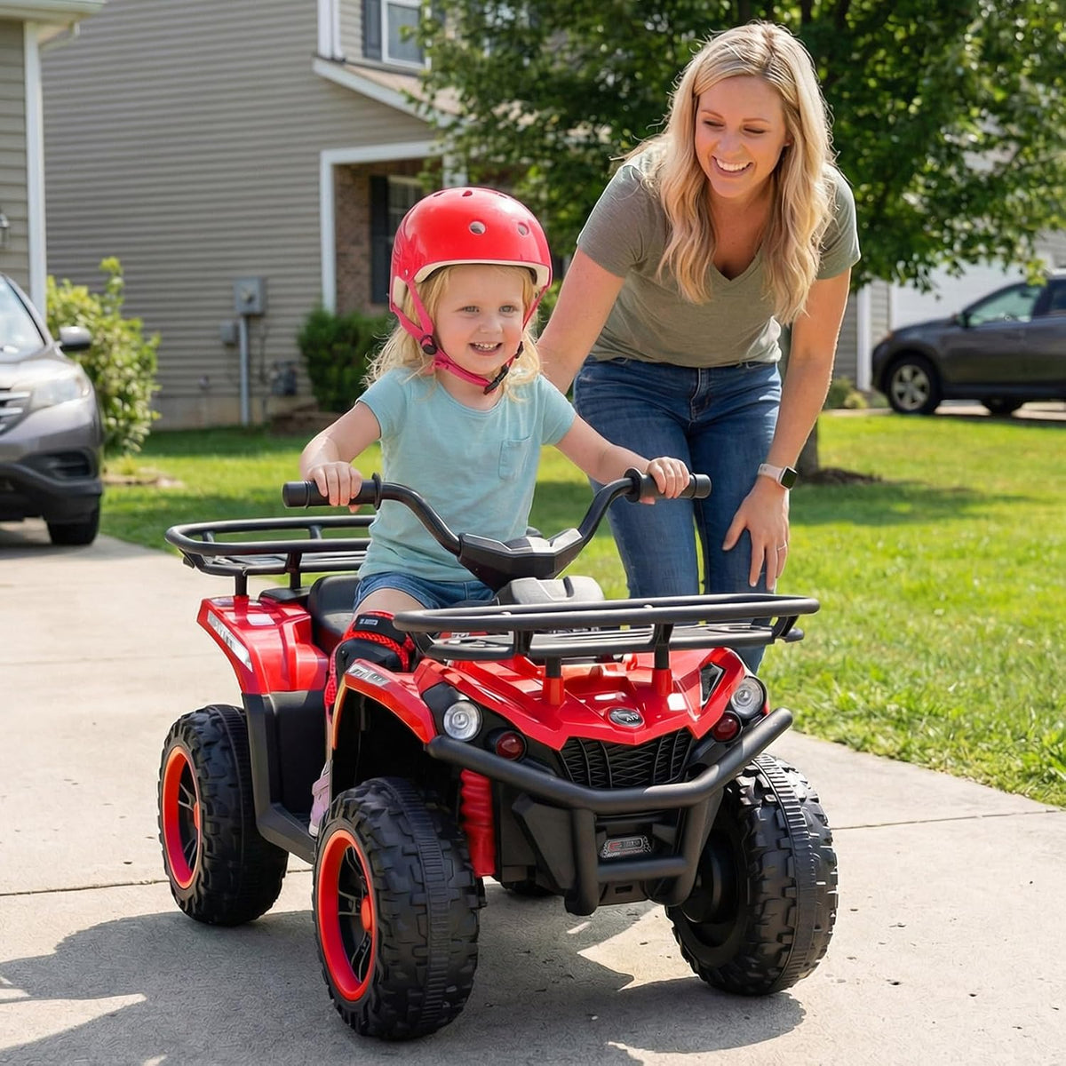 OLAKIDS 12V Kids ATV Quad with 2 Speeds, Spring Suspension, LED Lights for Boys Girls Ages 3+