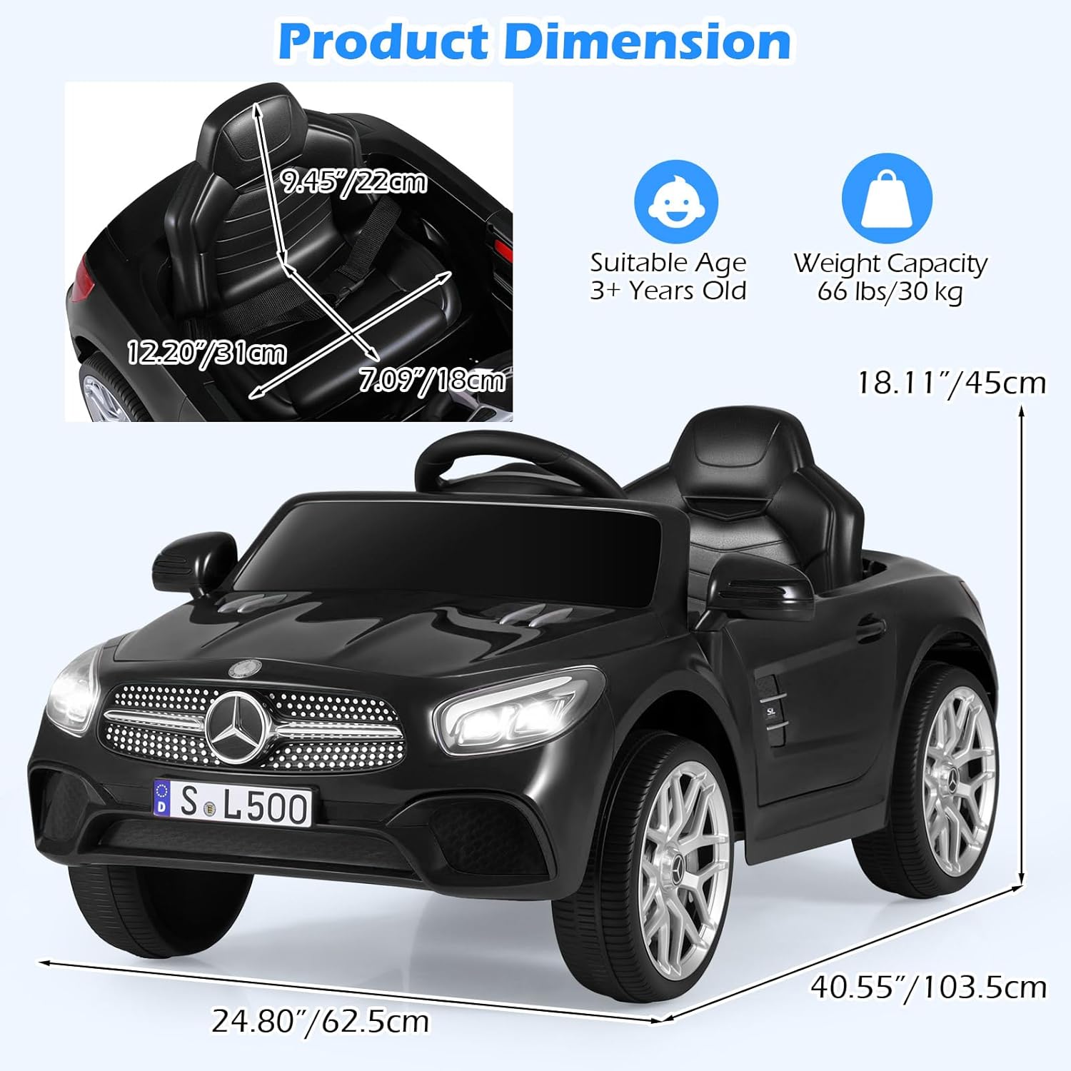 OLAKIDS Licensed Mercedes SL500 12V Kids Ride On Car with Remote Bluetooth and Suspension