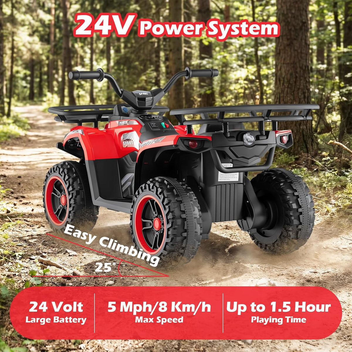 OLAKIDS 24V Kids ATV Quad Ride On Car for Boys Girls Ages 3+