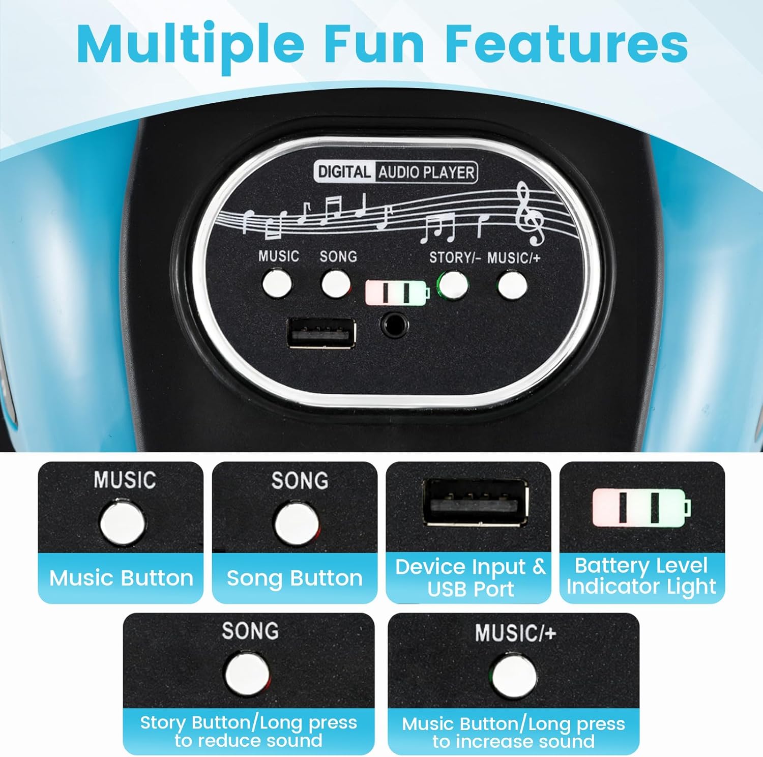 OLAKIDS 6V Kids Motorcycle with Forward & Reverse Switch, Headlight, Horn, Music, Story, USB Port