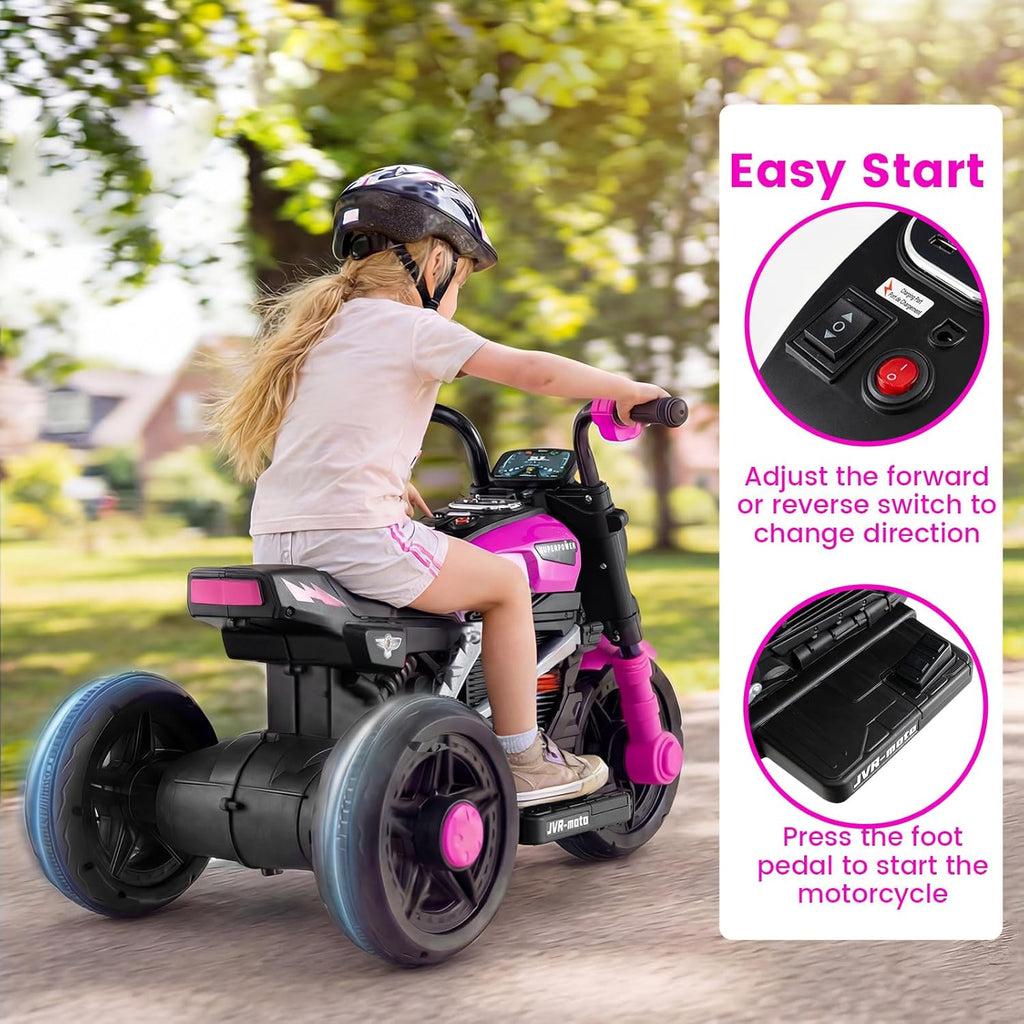 OLAKIDS 6V Kids Motorcycle with Forward & Reverse Switch, Headlight, Horn, Music, Story, USB Port