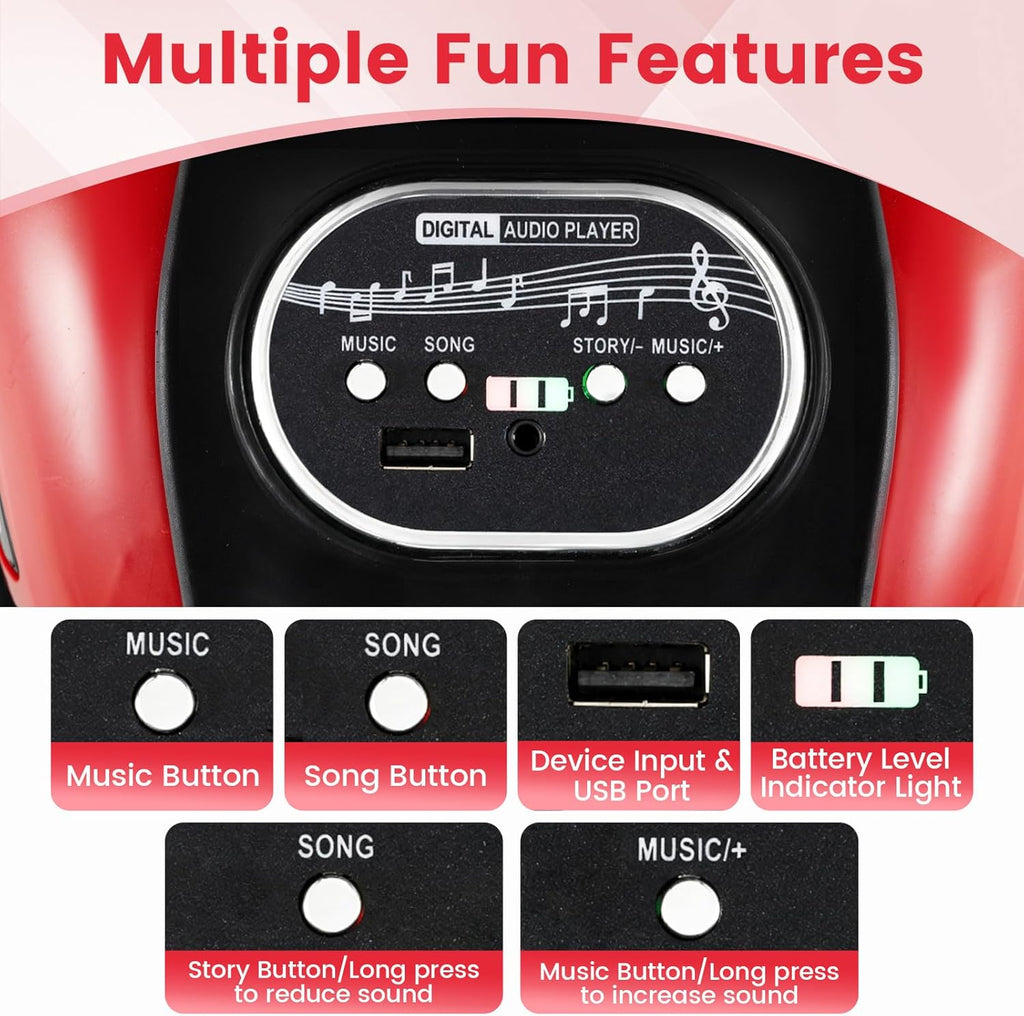 OLAKIDS 6V Kids Motorcycle with Forward & Reverse Switch, Headlight, Horn, Music, Story, USB Port