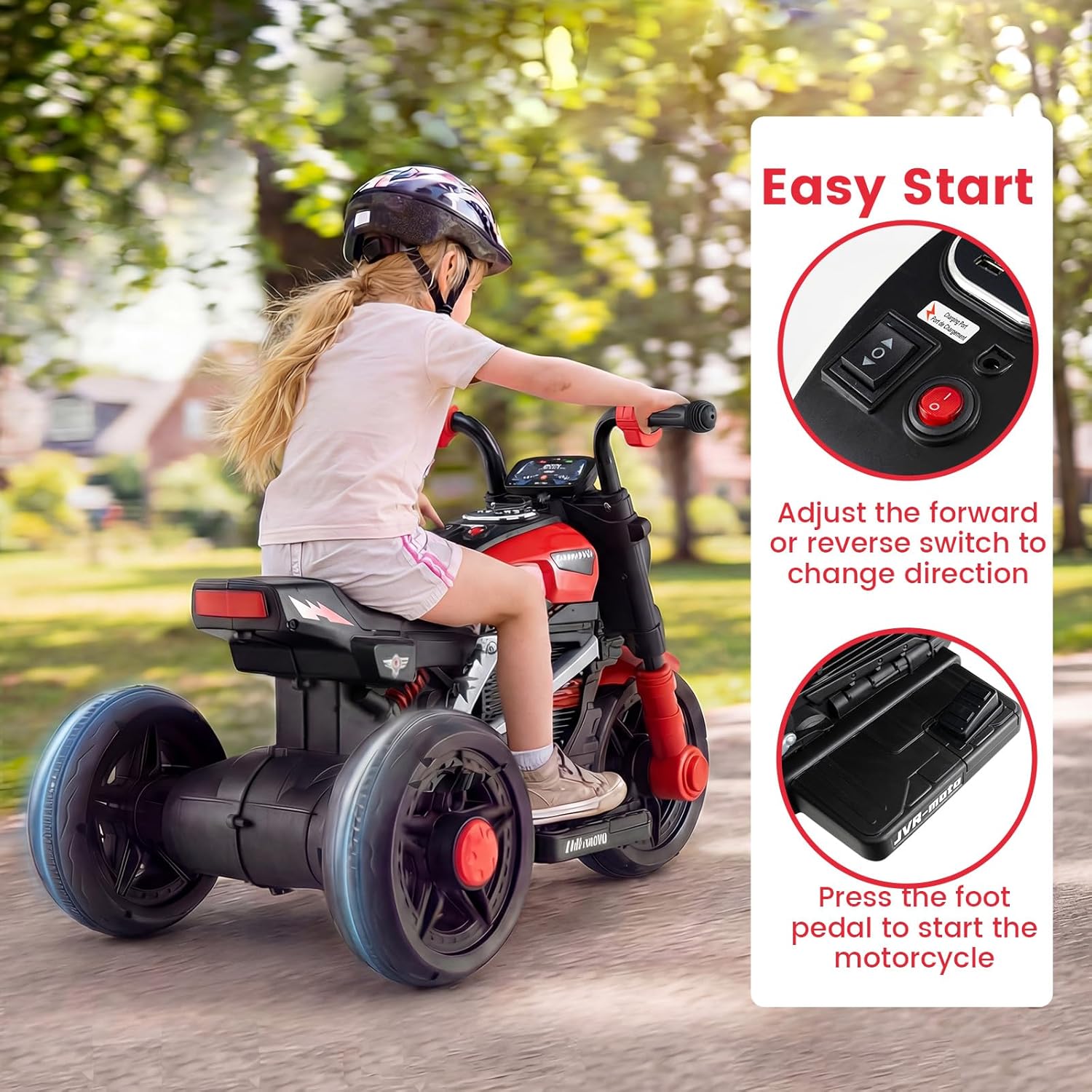 OLAKIDS 6V Kids Motorcycle with Forward & Reverse Switch, Headlight, Horn, Music, Story, USB Port
