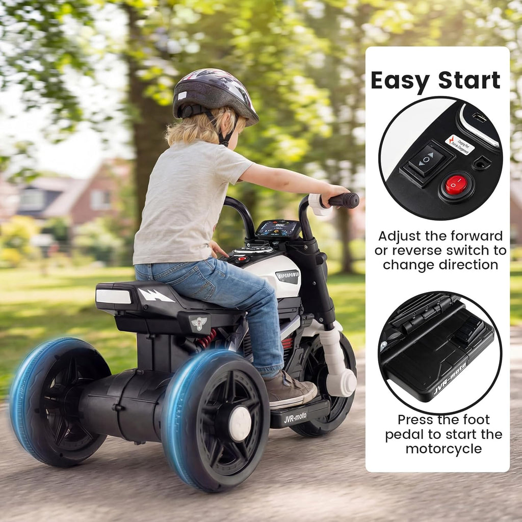 OLAKIDS 6V Kids Motorcycle with Forward & Reverse Switch, Headlight, Horn, Music, Story, USB Port