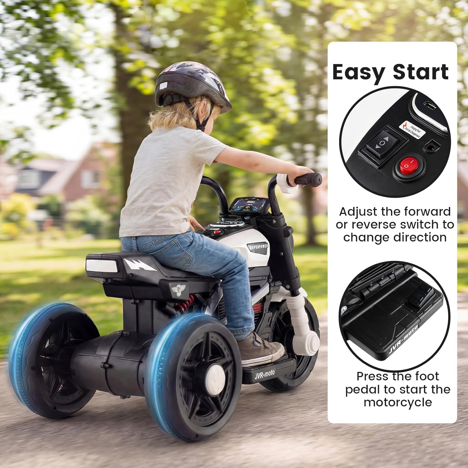 OLAKIDS 6V Kids Motorcycle with Forward & Reverse Switch, Headlight, Horn, Music, Story, USB Port