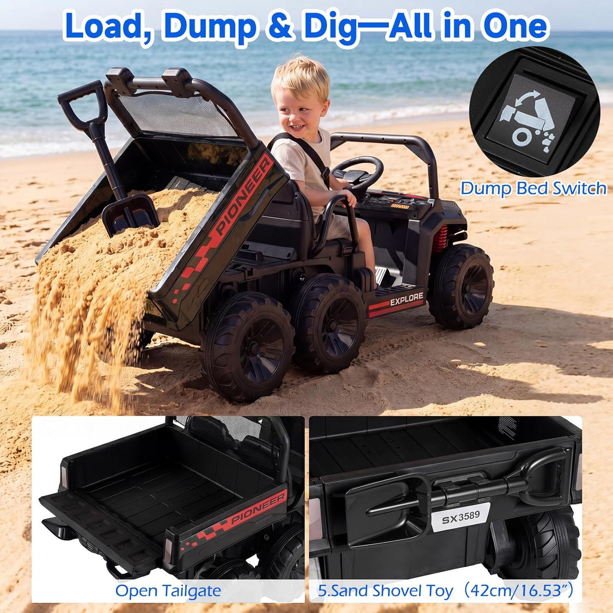 OLAKIDS 24V 2-Seater 4WD Ride On Dump Truck, Remote Control Electric UTV for Big Kids