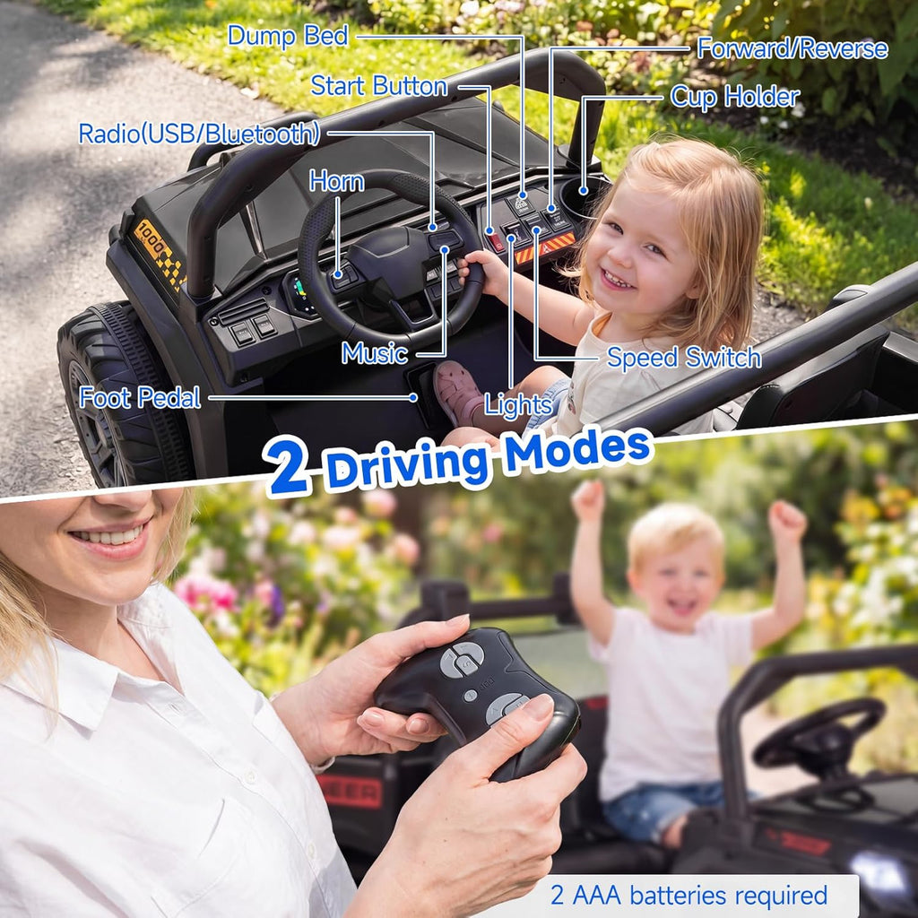 OLAKIDS 24V 2-Seater 4WD Ride On Dump Truck, Remote Control Electric UTV for Big Kids