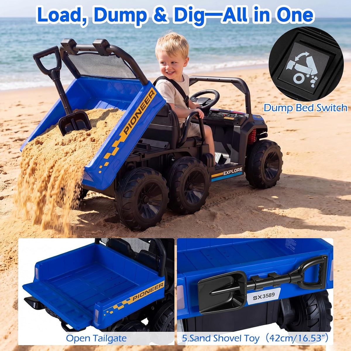 OLAKIDS 24V 2-Seater 4WD Ride On Dump Truck, Remote Control Electric UTV for Big Kids