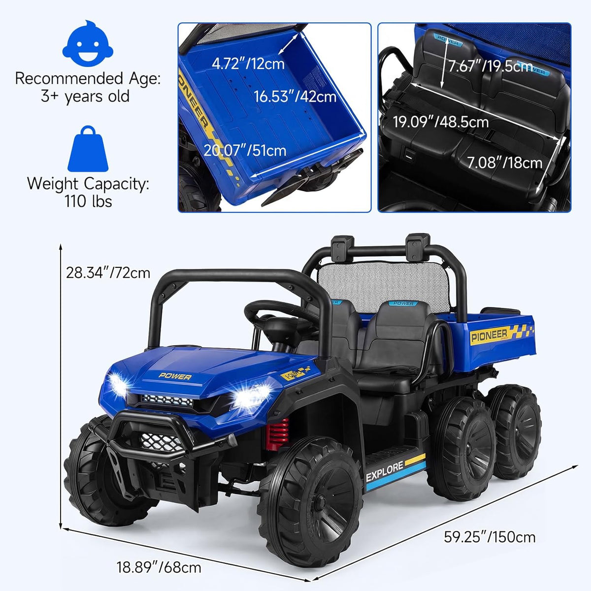 OLAKIDS 24V 2-Seater 4WD Ride On Dump Truck, Remote Control Electric UTV for Big Kids
