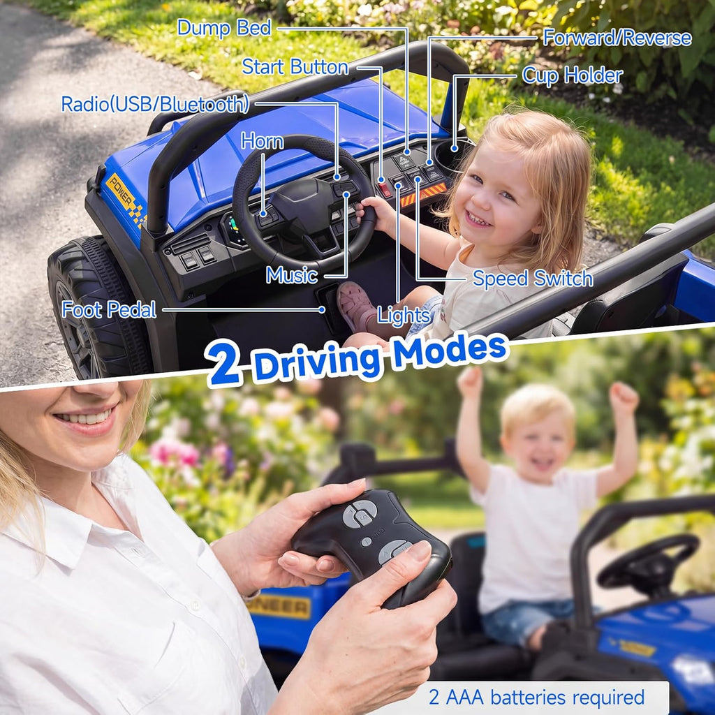 OLAKIDS 24V 2-Seater 4WD Ride On Dump Truck, Remote Control Electric UTV for Big Kids