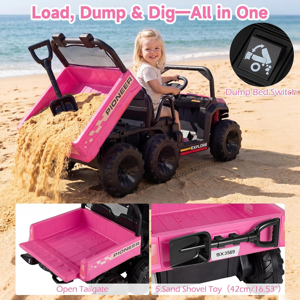 OLAKIDS 24V 2-Seater 4WD Ride On Dump Truck, Remote Control Electric UTV for Big Kids