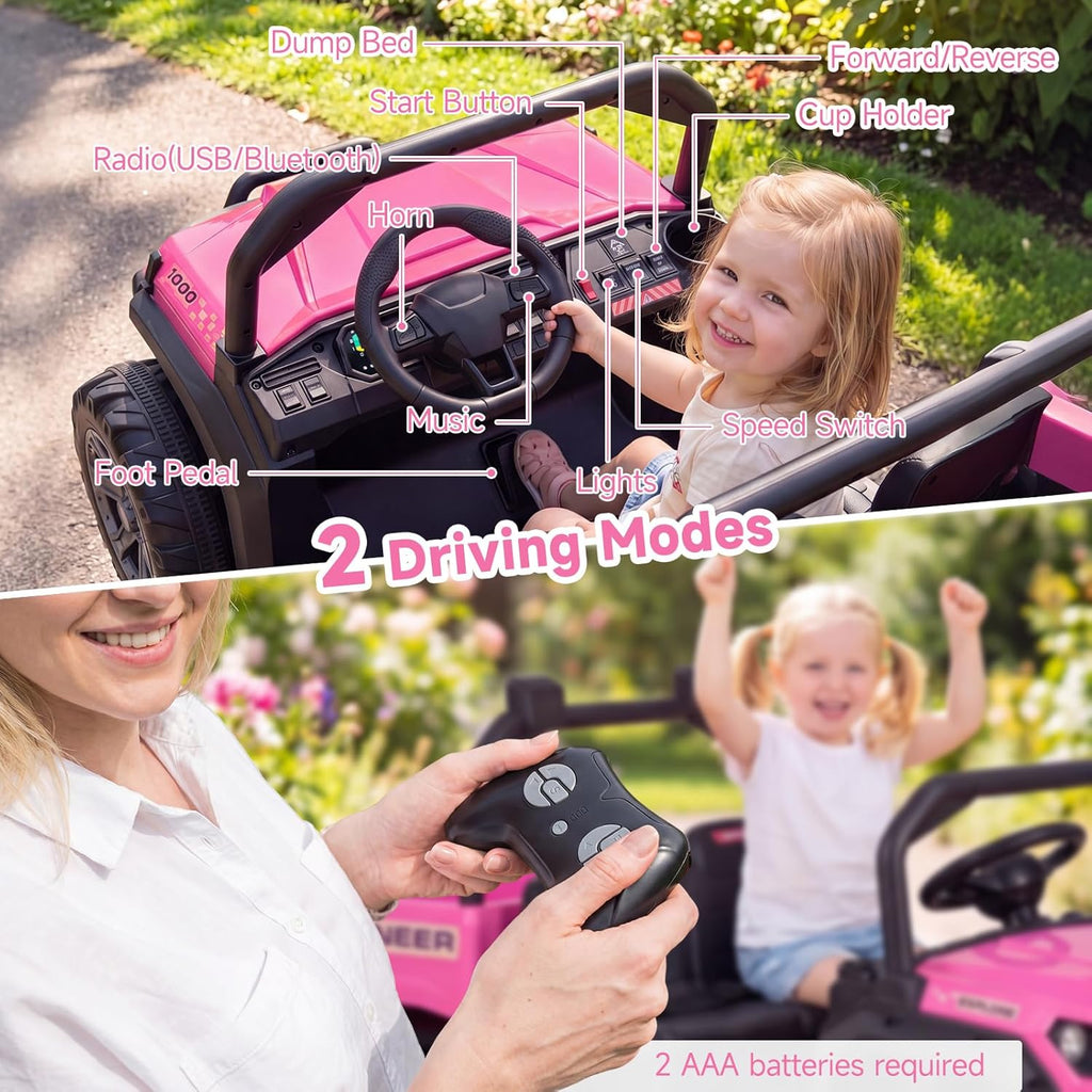 OLAKIDS 24V 2-Seater 4WD Ride On Dump Truck, Remote Control Electric UTV for Big Kids