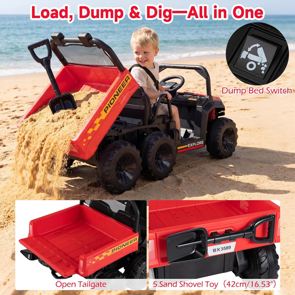 OLAKIDS 24V 2-Seater 4WD Ride On Dump Truck, Remote Control Electric UTV for Big Kids
