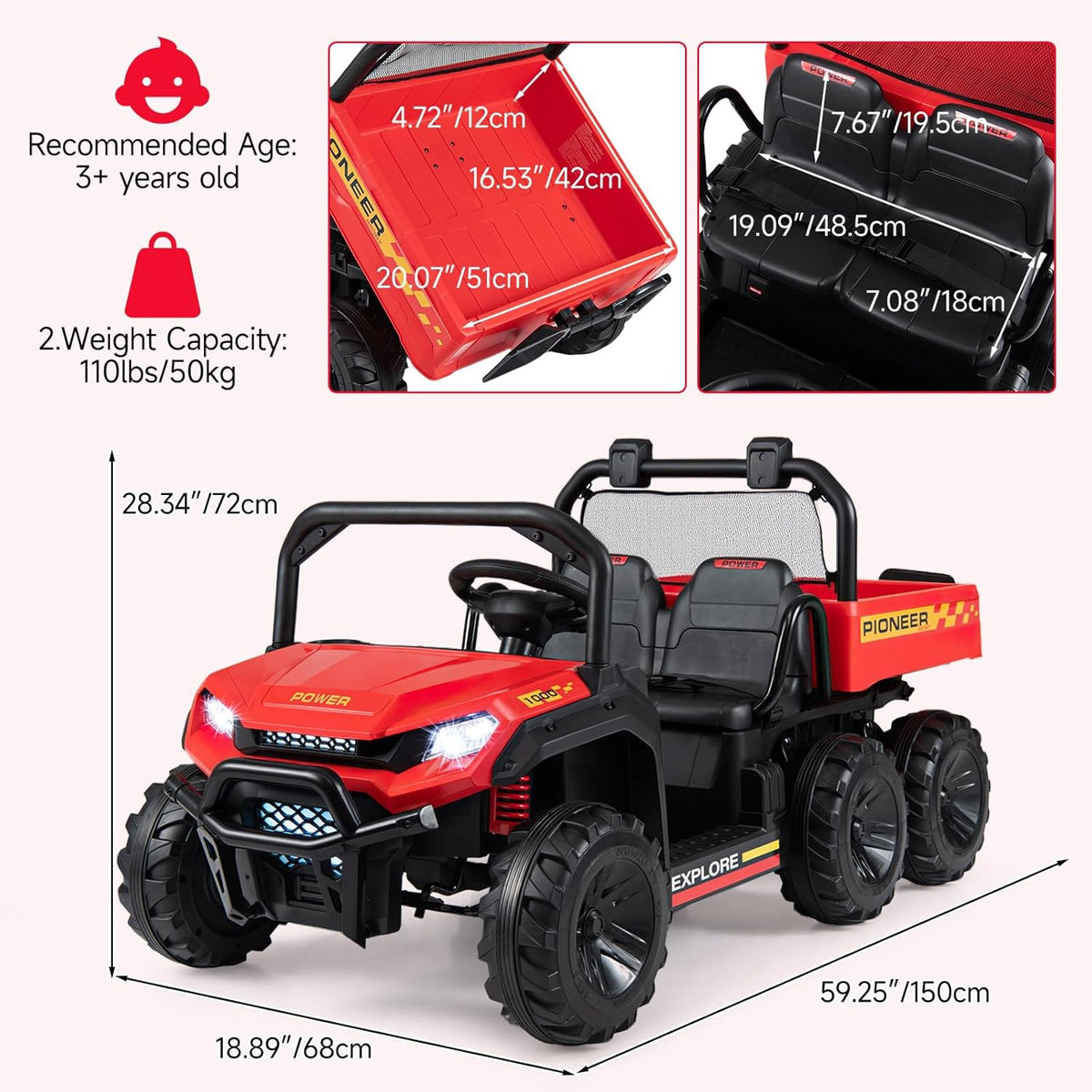 OLAKIDS 24V 2-Seater 4WD Ride On Dump Truck, Remote Control Electric UTV for Big Kids
