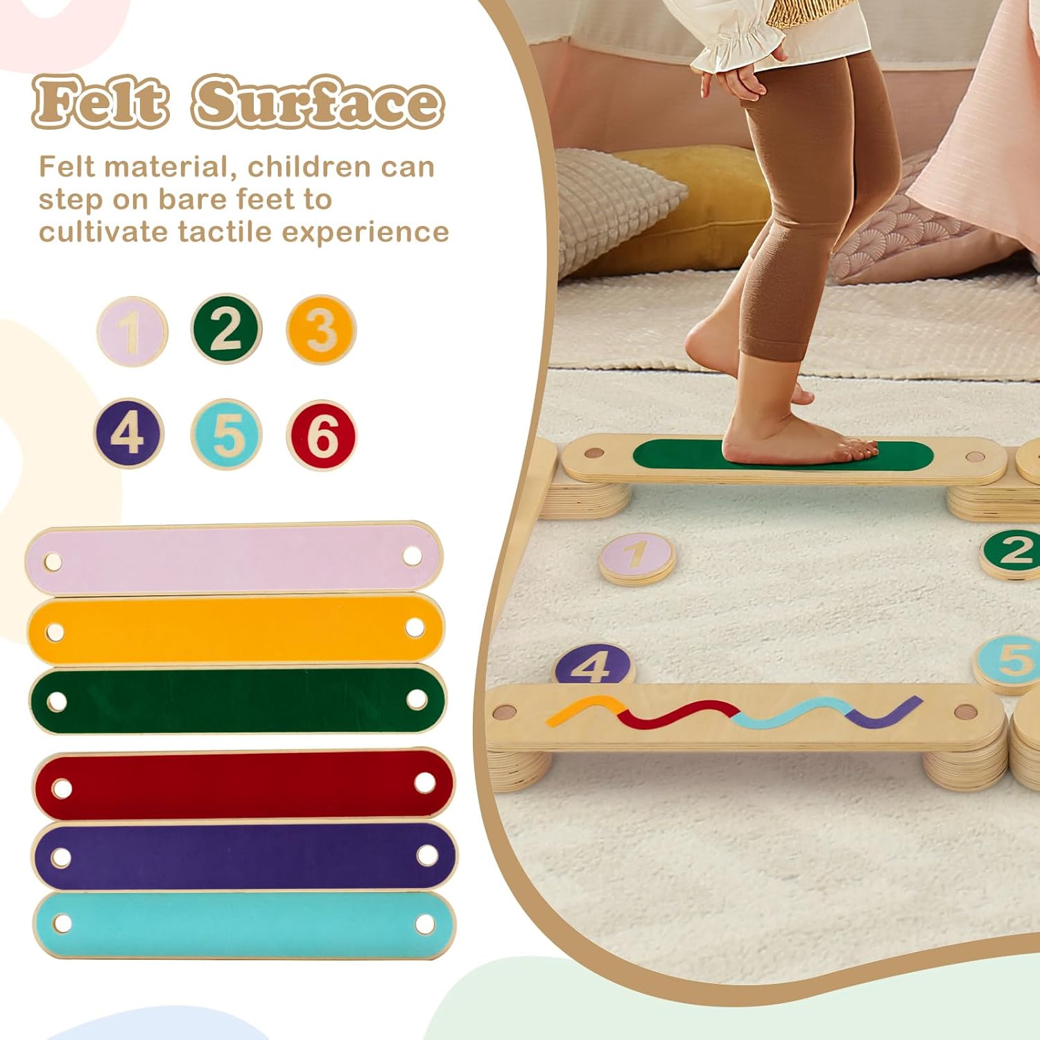 OLAKIDS Wooden Balance Beam Stepping Stones for Kids, Double-Sided Montessori 12 Piece for Toddler Indoor Outdoor